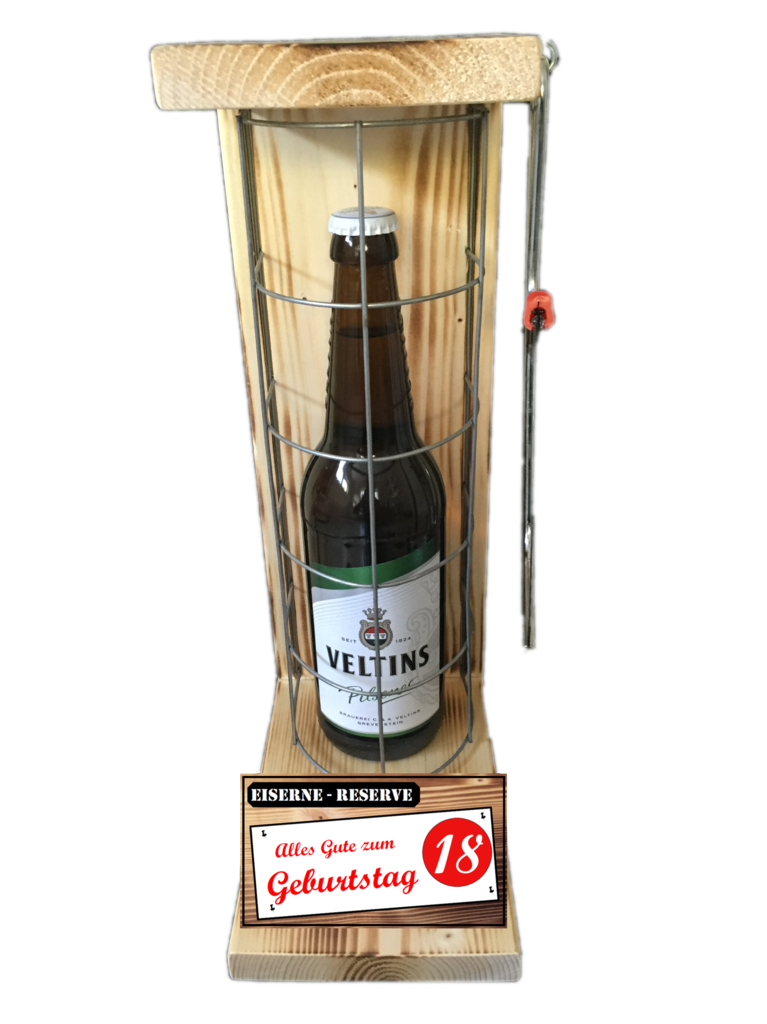 "Alles Gute zum 18 Geburtstag" Die Eiserne Reserve mit einer Flasche Veltins Pilsener 0,50L