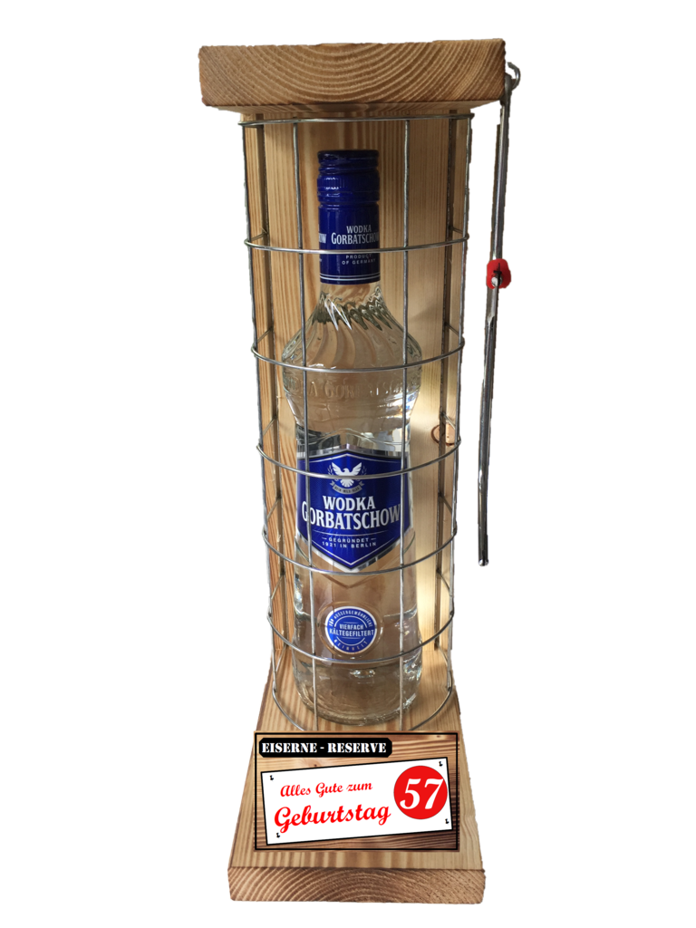 "Alles Gute zum 57 Geburtstag" Die Eiserne Reserve mit einer Flasche Wodka Gorbatschow 0,70L