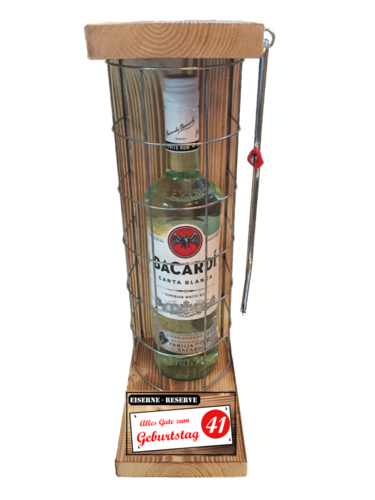 "Alles Gute zum 41 Geburtstag" Die Eiserne Reserve mit einer Flasche Bacardi Rum 0,70L