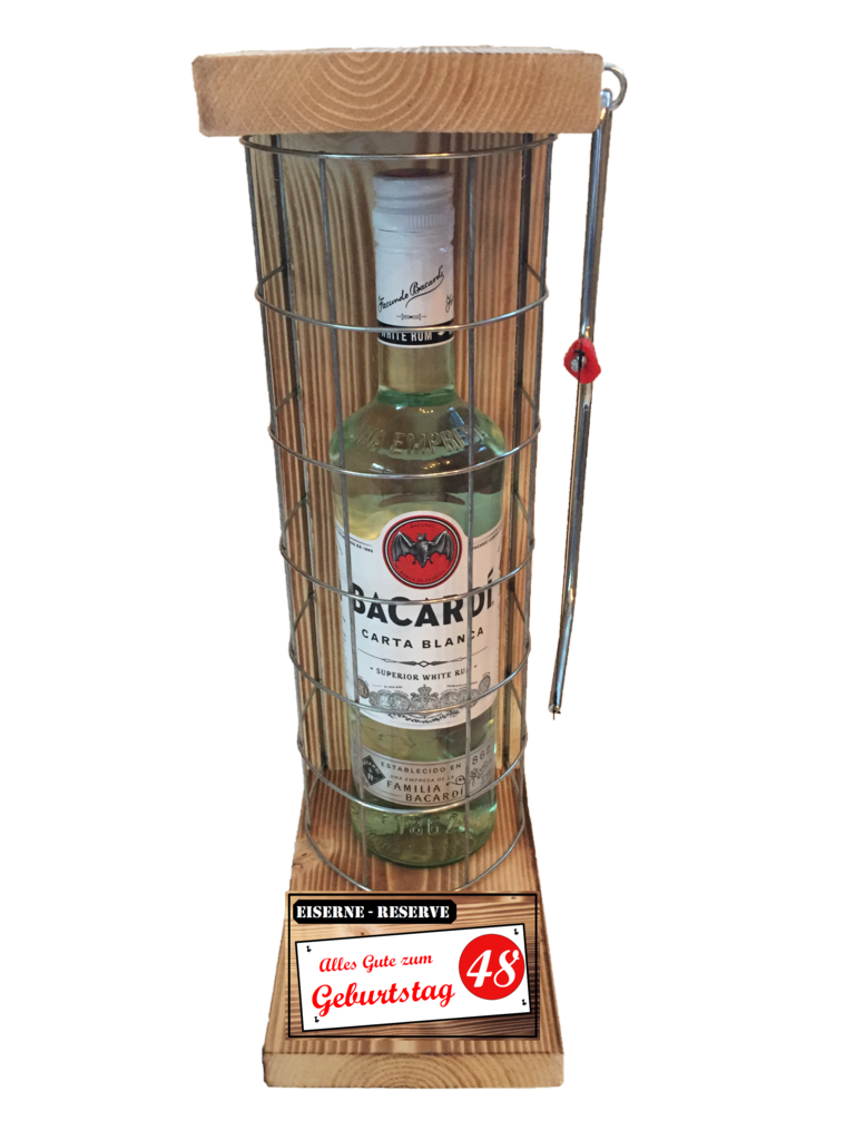 "Alles Gute zum 48 Geburtstag" Die Eiserne Reserve mit einer Flasche Bacardi Rum 0,70L