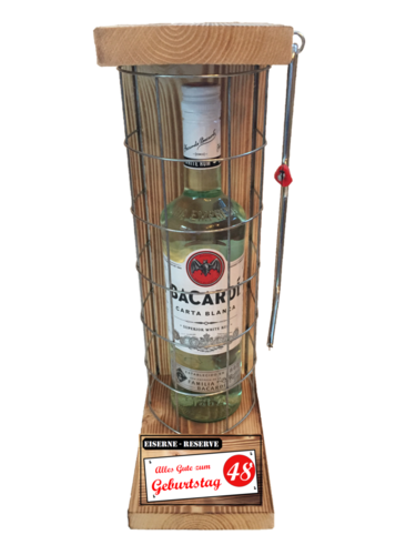 "Alles Gute zum 48 Geburtstag" Die Eiserne Reserve mit einer Flasche Bacardi Rum 0,70L