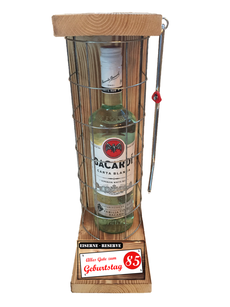 "Alles Gute zum 85 Geburtstag" Die Eiserne Reserve mit einer Flasche Bacardi Rum 0,70L