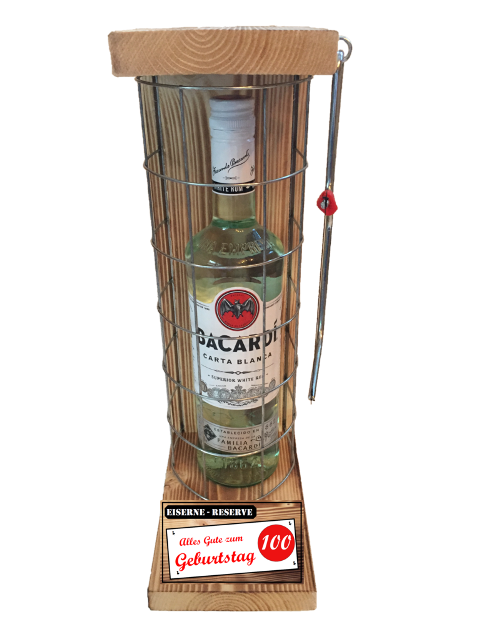 "Alles Gute zum 100 Geburtstag" Die Eiserne Reserve mit einer Flasche Bacardi Rum 0,70L