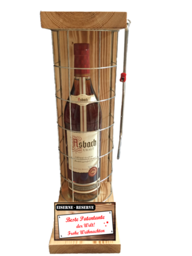 "Beste Patentante der Welt! Frohe Weihnachten"Die Eiserne Reserve mit einer Flasche Asbach 0,70L